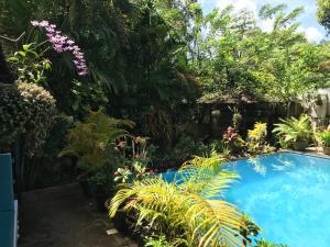 a swimming pool in a garden with plants at Marari Dreamz Homestay in Mararikulam