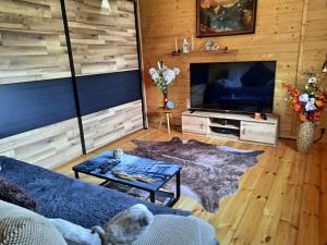 sala de estar con sofá azul y TV en Chata Panorama en Stróża