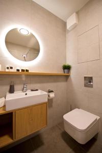 a bathroom with a sink and a toilet and a mirror at CITY PRESTIGE apartment Trencin in Trenčín