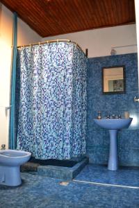 a bathroom with a shower curtain and a sink at Cabaña Ascensión-Caminos del Vino in Colonia Las Rosas