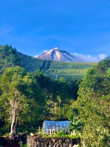 a mountain in the distance with a building in the foreground at Quinta Pereirinha Farm, Pico Island, Azores - A Private 3 Bedroom Oasis on a Working Farm with Ocean View, Close to Swimming & Hiking Trails in São Roque do Pico
