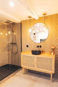 ein Bad mit einem Waschbecken und einer Dusche mit einem Spiegel in der Unterkunft Le Petit Martray - Au coeur du centre ville in Lamballe