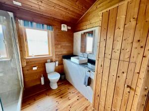 a wooden bathroom with a toilet and a sink at Tufty Lodge, Lake Pochard lodge 9 in South Cerney