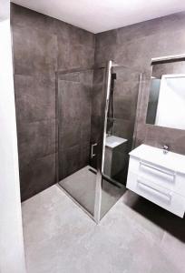 een badkamer met een douche en een wastafel bij Elegant 1-Bedroom Flat With Balcony Near Wrocław in Wrocław