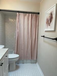 a bathroom with a shower curtain and a toilet at Sea Shanty - Steps from the beach in Jekyll Island
