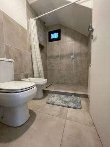 a bathroom with a toilet and a shower at Los Coirones 3 - Cabaña con jardin in Dina Huapi