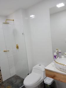 y baño con aseo, ducha y lavamanos. en Medellin apartamento en laureles, en Medellín