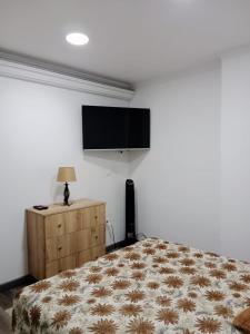 1 dormitorio con 1 cama y TV de pantalla plana en Medellin apartamento en laureles, en Medellín