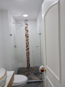 y baño blanco con ducha y aseo. en Medellin apartamento en laureles, en Medellín
