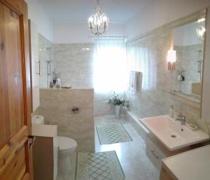 a bathroom with a white toilet and a sink at Apartvilla Serbota in Porumbacu de Sus +41 photos
