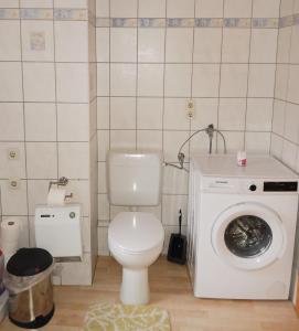 a bathroom with a toilet and a washing machine at Ferienwohnung Gersch in Wolf