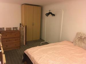 ブダペストにあるBella Apartmentのベッドルーム1室(ベッド1台、クローゼット、ドレッサー付)