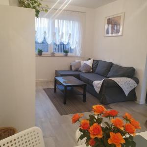 a living room with a couch and a table with flowers at Apartament Wrzosowa in Kudowa-Zdrój