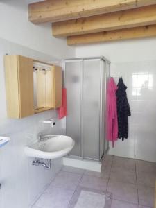 La salle de bains blanche est pourvue d'un lavabo et d'une douche. dans l'établissement Appartamento Dimaro Folgarida Daolasa ski, à Monclassico