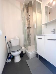 La salle de bains blanche est pourvue d'une douche et de toilettes. dans l'établissement Lovely, à Bordeaux