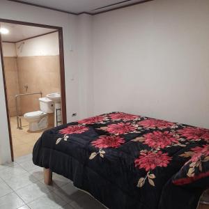 1 dormitorio con 1 cama y baño con aseo en Hospedaje Angela, en Nicoya