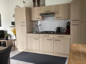 a kitchen with wooden cabinets and a stove top oven at Casa della nonna bungalow 2 in Simpelveld