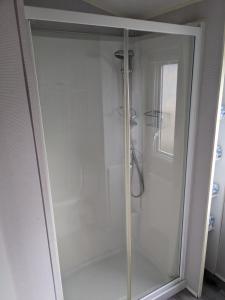 um chuveiro com uma porta de vidro na casa de banho em Static Caravan on Lady's Mile Holiday Park em Dawlish