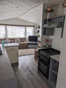 een keuken en een woonkamer met een fornuis en een bank bij Static Caravan on Lady's Mile Holiday Park in Dawlish