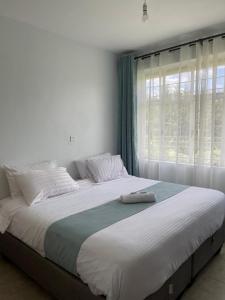 1 cama grande en un dormitorio con ventana en Zoe Homes 1br and 2br Apartment Greypoint 406, en Kericho