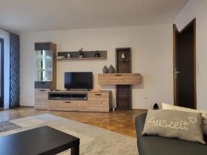 sala de estar con sofá y TV de pantalla plana en Andys Ferienwohnung, en Neustadt an der Waldnaab