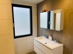 een badkamer met een wastafel, een spiegel en een raam bij 't Soute Land in Zoutelande
