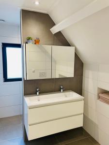 een badkamer met een wastafel en een spiegel bij 't Soute Land in Zoutelande