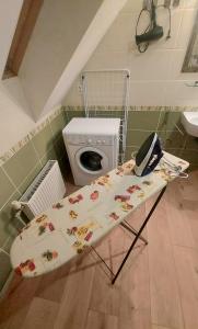 a table with a bed in a bathroom with a washing machine at Apartmán Tajov pre 5-6 osôb, privatne parkovanie a terasa in Tajov