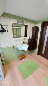 Apartmán Tajov pre 5-6 osôb, privatne parkovanie a terasa في Tajov: حمام مع حوض أبيض ومرآة