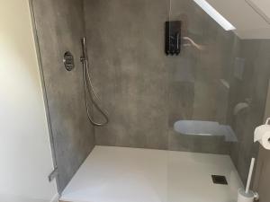 a bathroom with a shower with a glass door at Velogement 't Moltje in Heuvelland