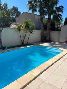 Maison avec piscine privée في لو غراو دو روا: مسبح ازرق كبير بجانب سور فيه نخيل