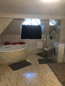ein Bad mit einer Badewanne und einem WC in der Unterkunft Seeblick eins im Waldschlößchen in Wendisch Rietz