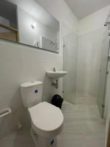 een witte badkamer met een toilet en een wastafel bij Aparta-hotel laureles 201 in Medellín