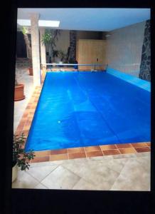 a large blue swimming pool in a building at Penthouse Bernd im Waldschlösschen direkt am See in Wendisch Rietz