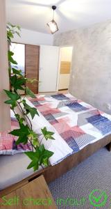 a bedroom with a bed with a quilt on it at Larisa Apartment in Cluj-Napoca