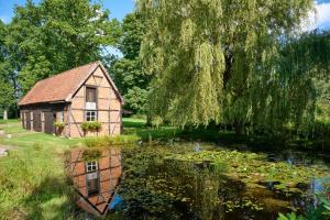 an old house and a pond in a garden at Hof Wölper Raven in Soderstorf