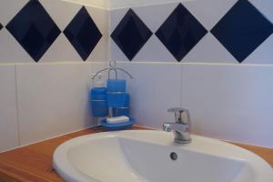 uma casa de banho com lavatório e azulejos azuis e brancos em Gîte EDELWEISS - 4 personnes - "Les Gites du Chalet" à Autrans em Autrans