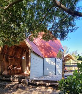 a cabin with a red roof and a deck at Nido del Quetrupillan Domo Geodésico in Curarrehue +18 photos