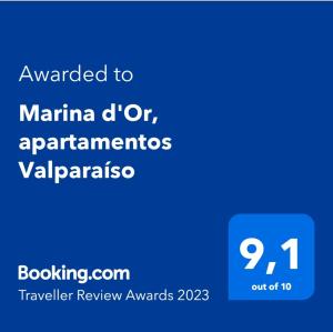 zrzut ekranu telefonu z tekstem przyznanym marinie d lub praktykantom w obiekcie Marina d'Or, apartamentos Valparaíso w mieście Oropesa del Mar