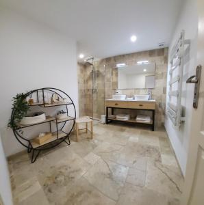 La salle de bains est pourvue d'une douche et d'un lavabo. dans l'établissement Pâquerette, à Arles
