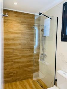 a shower with a glass door in a bathroom at GEMINI VILLAS NIKITI in Nikiti +21 photos