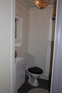 y baño con aseo, lavabo y lámpara de araña. en Lekvattnet 123, en Torsby