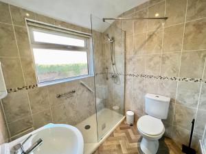 a bathroom with a toilet and a shower and a sink at St Nicholas Street in Lincoln