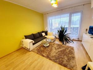 un soggiorno con pareti gialle, divano e tappeto di Kasekodu apartament a Laagri