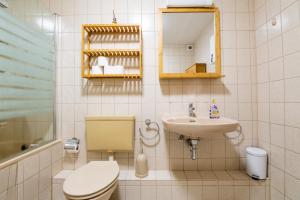 La salle de bains est pourvue de toilettes, d'un lavabo et d'un miroir. dans l'établissement Ferienwohnung Alstaden, à Oberhausen