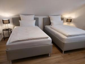 two beds sitting next to each other in a room at Blumen(t)raum Ferienwohnung 3 in Karlsruhe