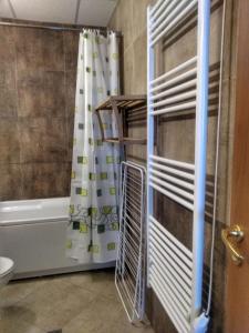 a bathroom with a shower curtain and a toilet at Kolimechkov Apartments Borovets in Borovets