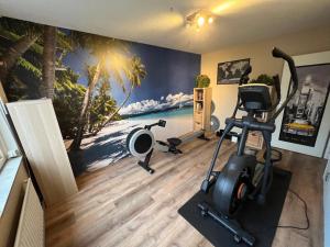 een kamer met een fitnessruimte met een schilderij van het strand bij Rotterdam Luxury House in Rotterdam