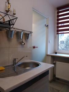 a kitchen counter with a sink and a window at Apartament w Krakowie in Krakow