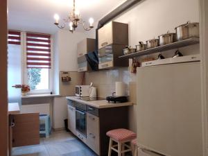 a small kitchen with a counter and a refrigerator at Apartament w Krakowie in Krakow